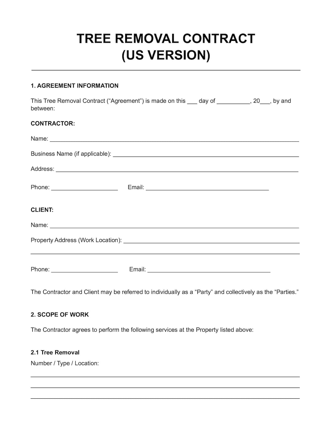 Tree Removal Contract Template, Tree Service Agreement, Arborist ...