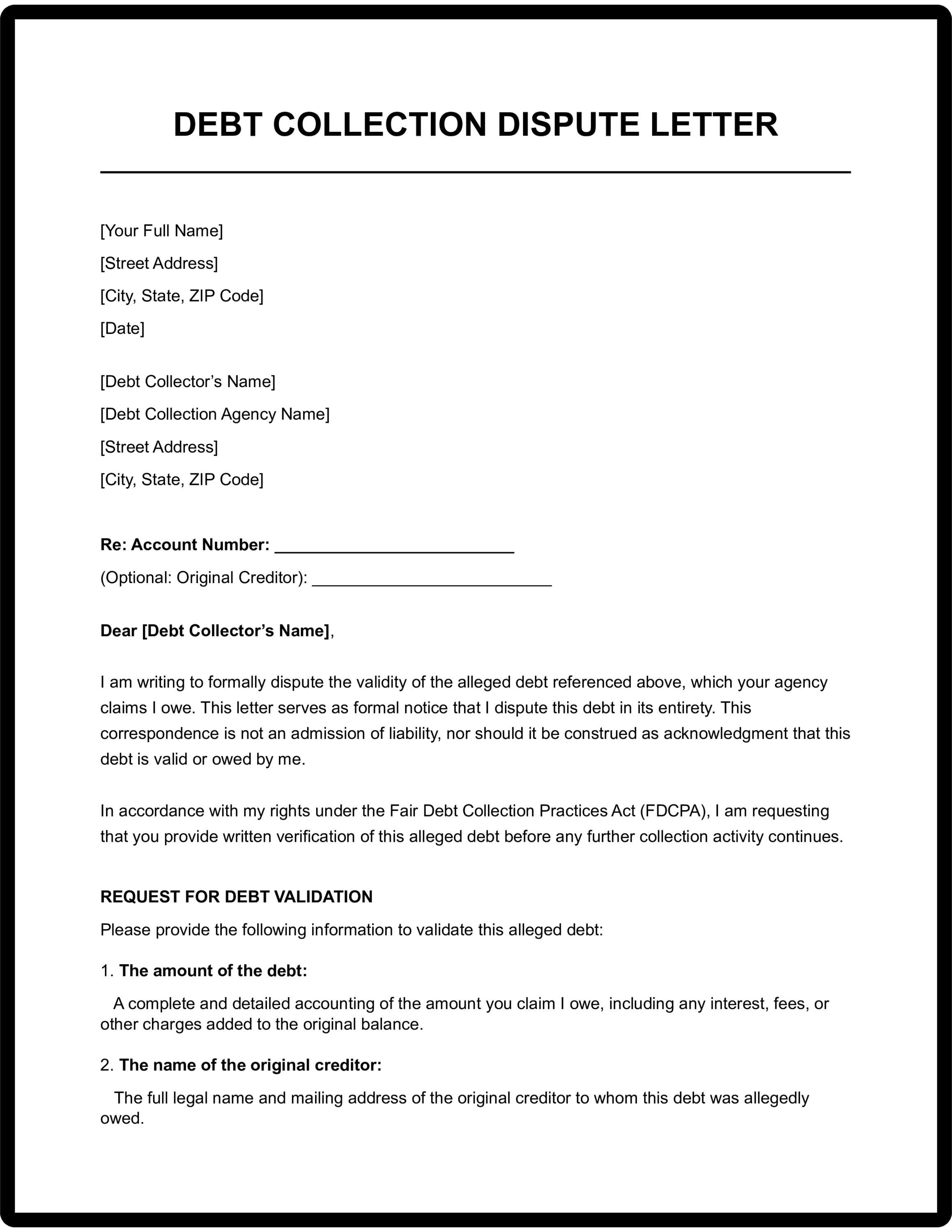Disputing Debt Collection Language Debt Collection Dispute Letter Template | Debt Validation Letter ...