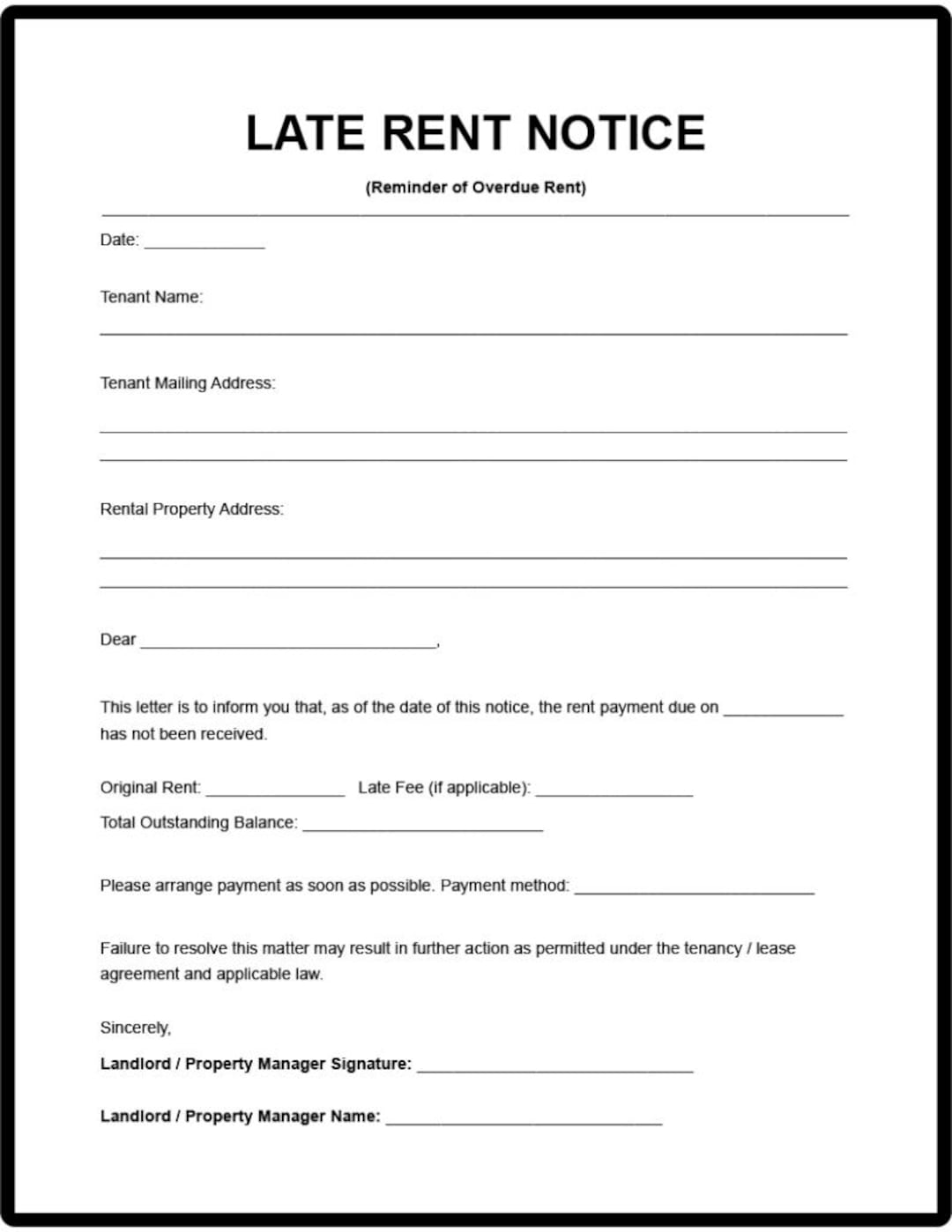 Late Rent Notice Template for Landlords | Editable Rent Reminder Letter ...