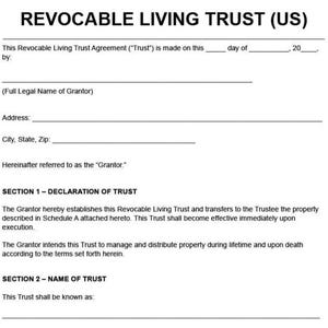 Könnte beinhalten: Ein schwarz-weißes Dokument mit dem Titel „REVOCABLE LIVING TRUST (US)“. Das Dokument enthält Abschnitte für den Namen des Erblassers, die Adresse und eine Treuhandvereinbarung. Der Text ist in einer klaren, gut lesbaren Schriftart.