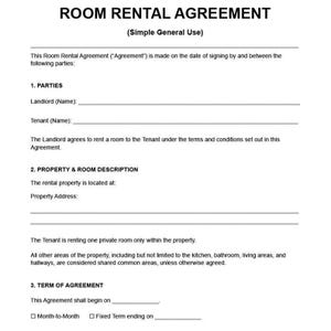 Op de afbeelding: Een zwart-wit document voor een kamerhuurovereenkomst voor eenvoudig algemeen gebruik. Het formulier bevat secties voor partijen, beschrijving van het pand en de kamer, en de looptijd van de overeenkomst met lege regels voor gegevens.