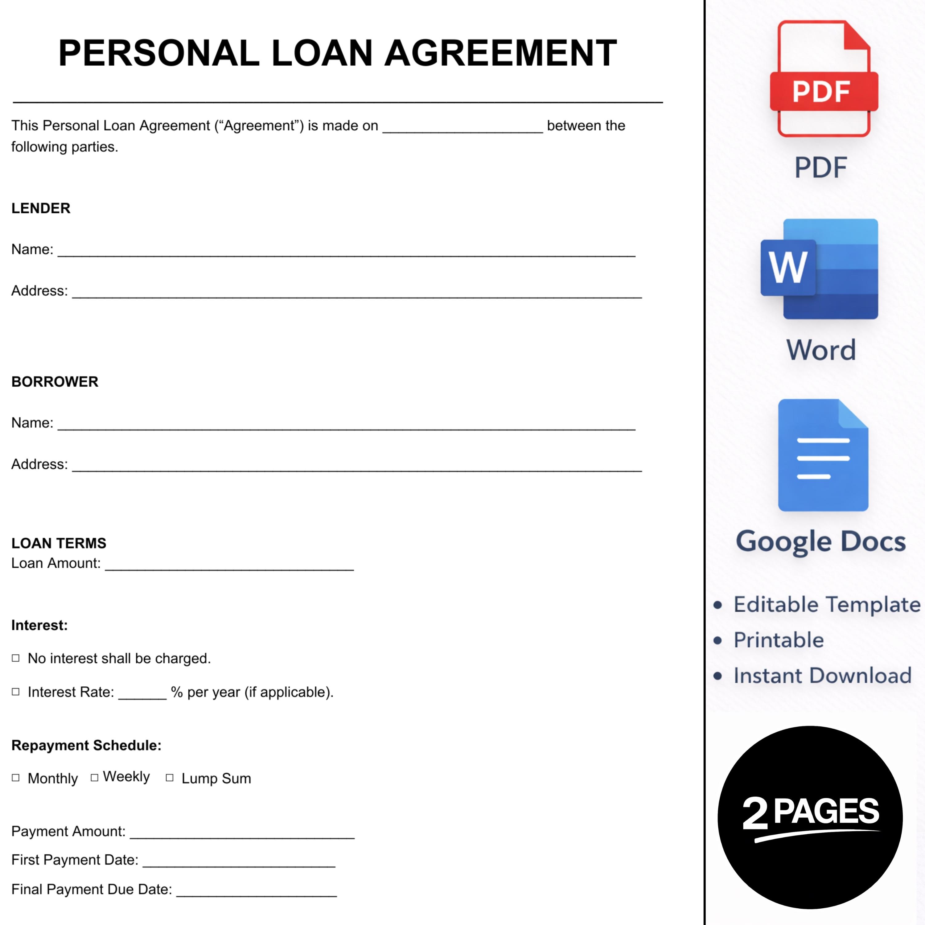 Personal Loan Agreement Template – Editable PDF Word, Simple Private ...