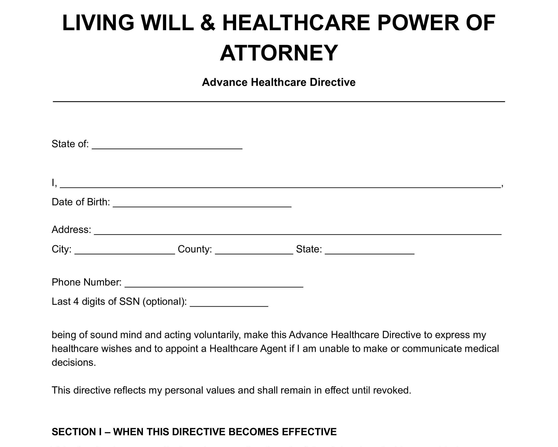 Living Will & Healthcare Power of Attorney Template .advance Directive ...