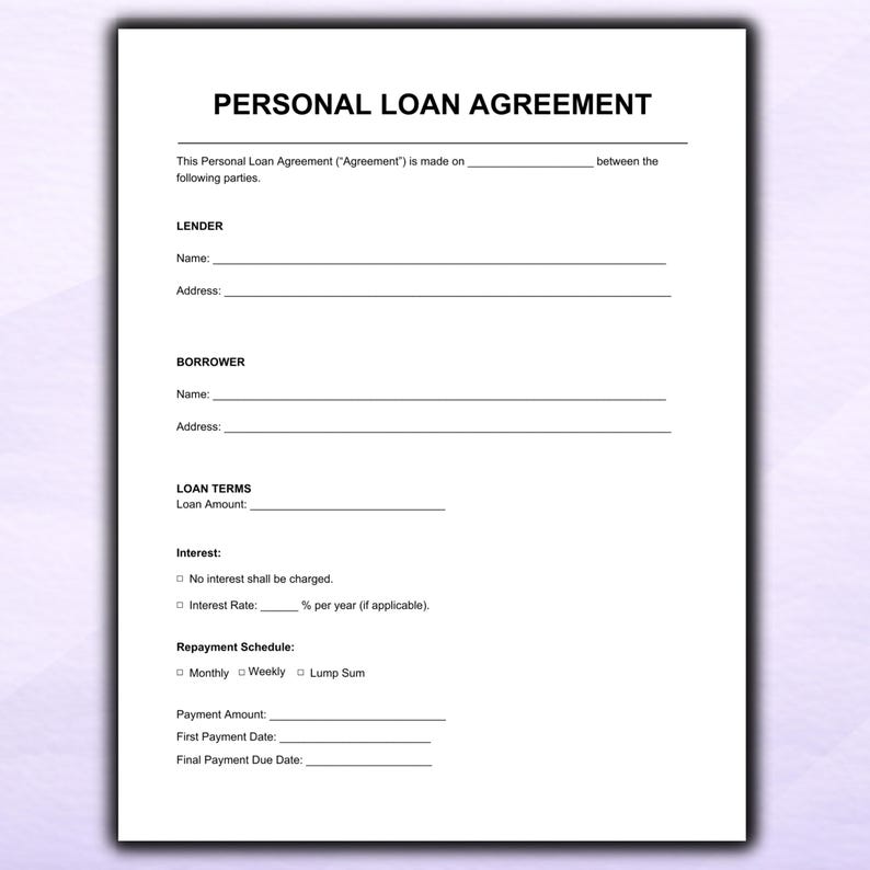 Personal Loan Agreement Template – Editable PDF Word, Simple Private ...