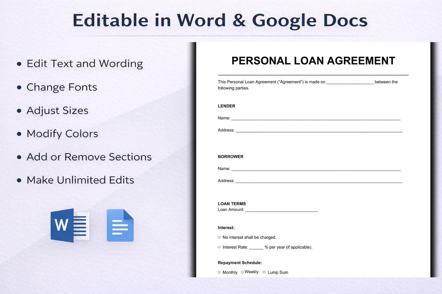 Personal Loan Agreement Template – Editable PDF Word, Simple Private ...