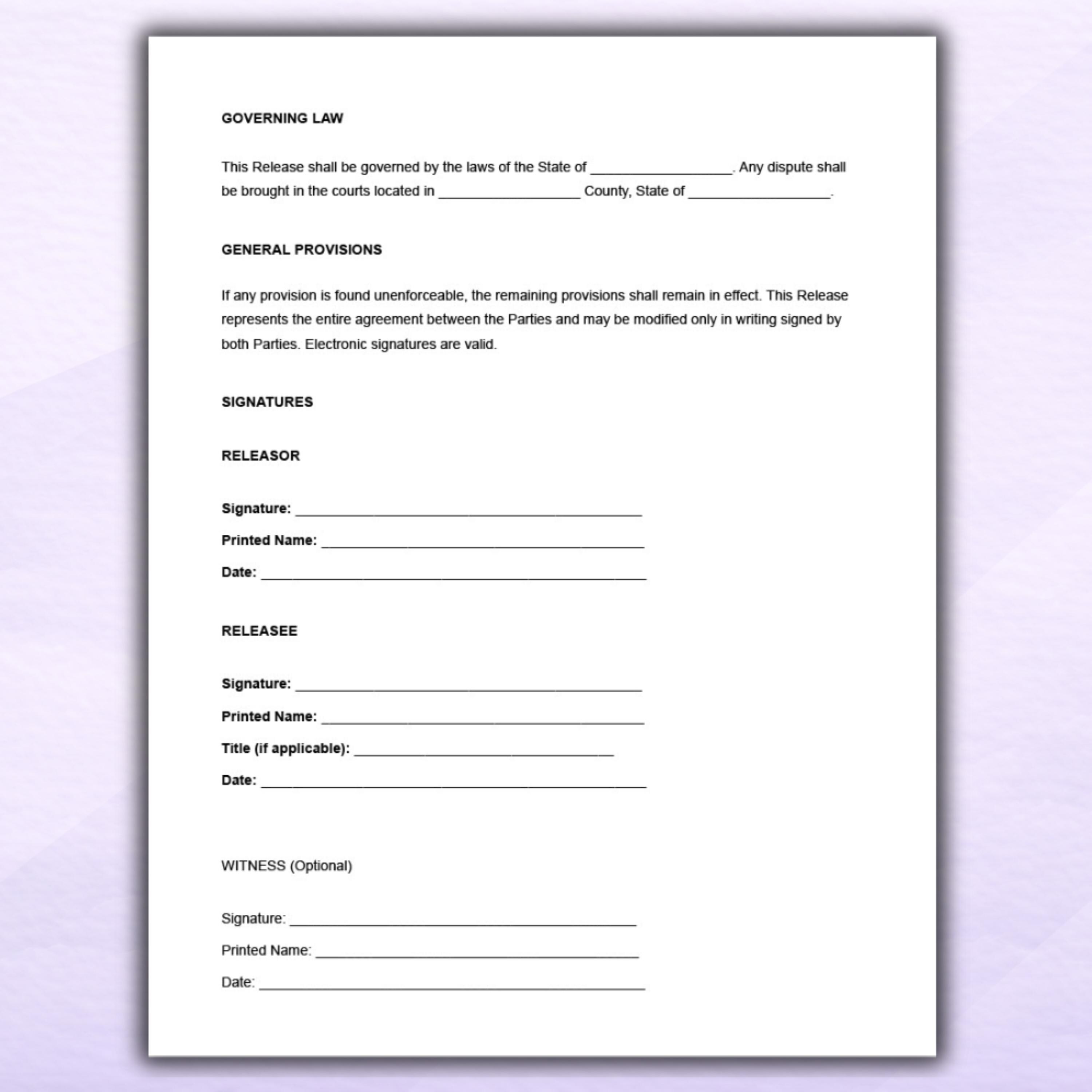 General Release of Liability Form | Editable Word & Google Docs ...