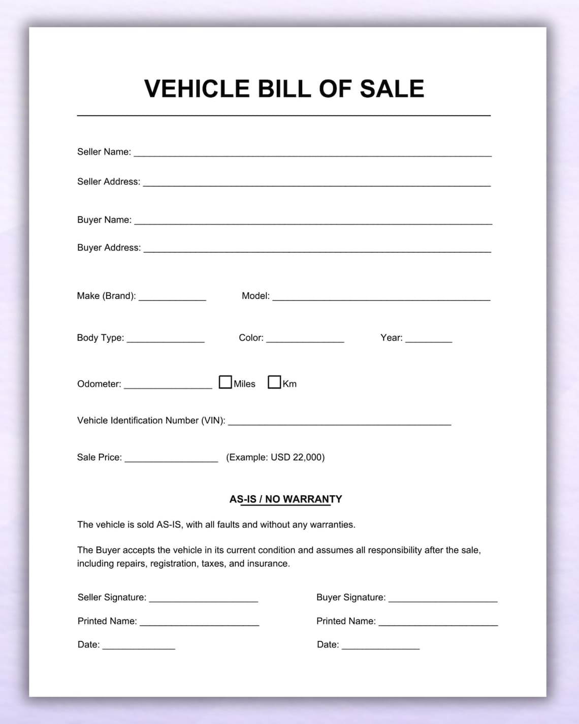Vehicle Bill of Sale AS-IS Editable Template | Car Bill of Sale Form ...