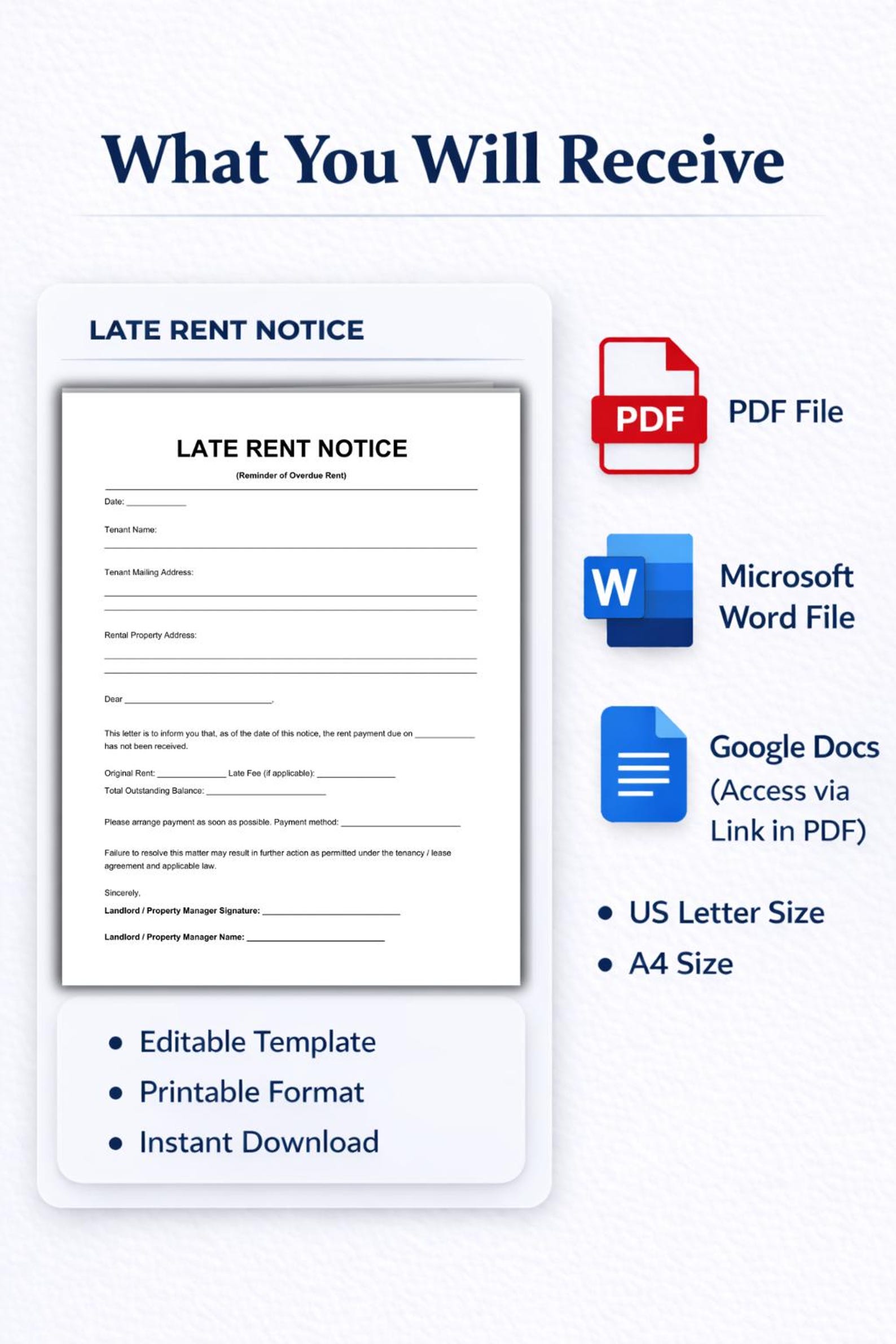Late Rent Notice Template for Landlords | Editable Rent Reminder Letter ...