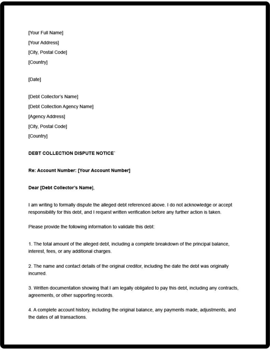 Disputing Debt Collection Language Debt Collection Dispute Notice | Credit Dispute Letter | Editable Word ...