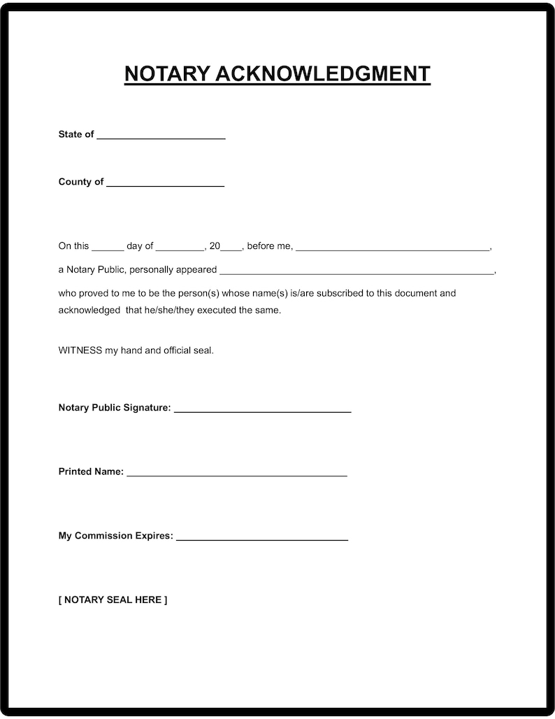 Blank Simple Notary Acknowledgment Form | US Letter & A4 (PDF Printable ...