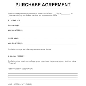 Puede incluir: Un documento impreso de contrato de compraventa con texto negro sobre fondo blanco. El formulario incluye secciones para la fecha, nombres y direcciones del vendedor y comprador, y un área para la descripción del bien y marca o modelo.