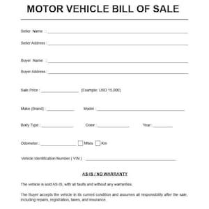Op de afbeelding: Een wit Motor Vehicle Bill of Sale-formulier met zwarte tekst. Het formulier bevat velden voor verkoper- en kopersinformatie, voertuigdetails en verkoopvoorwaarden. De tekst "AS-IS / NO WARRANTY" is prominent aanwezig.