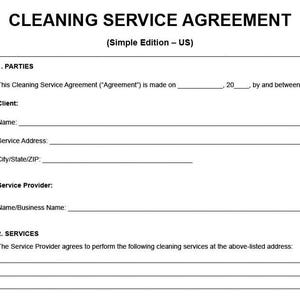 May include: A white Cleaning Service Agreement form with black text. The title reads "CLEANING SERVICE AGREEMENT" and includes sections for client and service provider information. The form is labeled "Simple Edition - US".