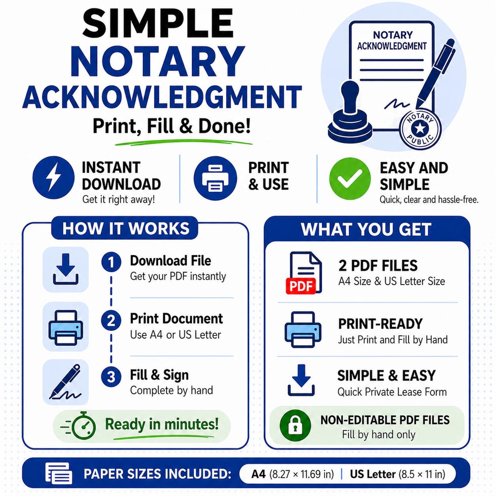 Blank Simple Notary Acknowledgment Form | US Letter & A4 (PDF Printable ...