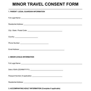 Puede incluir: Un formulario de consentimiento de viaje para menores en blanco con texto negro. El formulario incluye secciones para la información de los padres/tutores legales, la información del menor y la información del adulto acompañante. Tiene líneas para el nombre completo, la dirección, el número de teléfono, el correo electrónico, la fecha de nacimiento y el número de pasaporte.