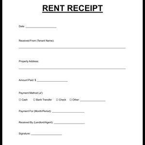 以下が含まれることがあります： 上部に「RENT RECEIPT」というタイトルが付いた、白黒の家賃領収書のテンプレート。フォームには、日付、テナント名、物件の住所、支払額、支払い方法、支払い期間、貸主/代理人、署名などのフィールドが含まれています。