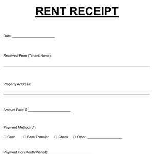 May include: A blank rent receipt template with the title "RENT RECEIPT" in bold, black text at the top. The form includes fields for the date, tenant name, property address, amount paid, payment method, and payment period.