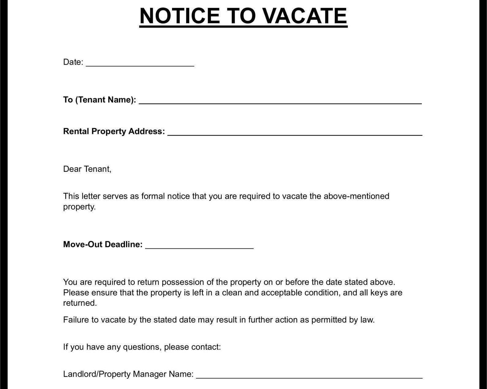 Simple Notice to Vacate Template, Editable Word & Printable PDF ...