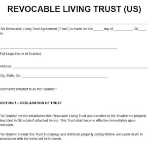 Może przedstawiać: Biały dokument zatytułowany "REVOCABLE LIVING TRUST (US)" z polami do wypełnienia dla informacji o darczyńcy i deklaracji trustu. Dokument zawiera linie na datę i podpis.