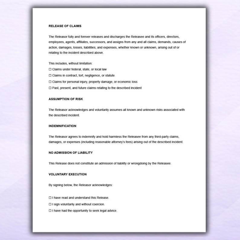 General Release of Liability Form | Editable Word & Google Docs ...