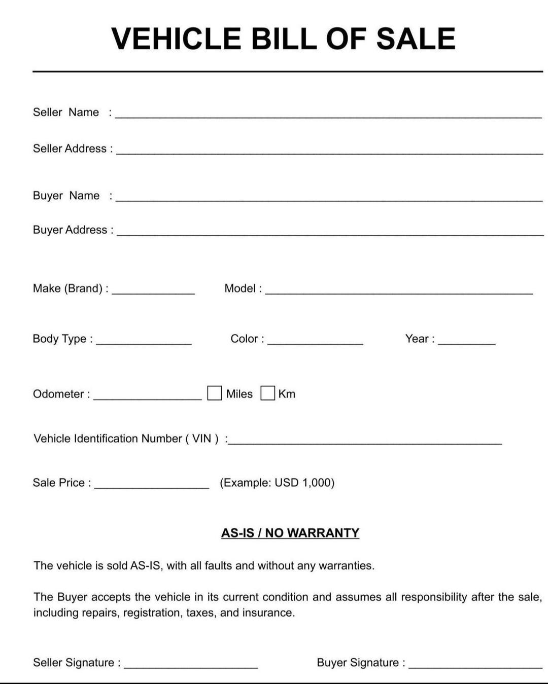 Vehicle Bill of Sale AS-IS PDF | Printable Car Sale Form | Buyer ...