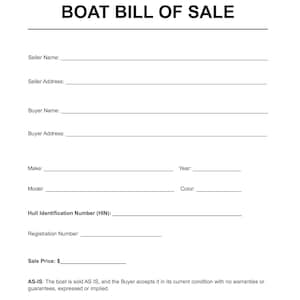 Op de afbeelding: Een wit document voor een koopovereenkomst voor een boot met zwarte tekst. Het bevat velden voor naam verkoper, adres verkoper, naam koper, adres koper, merk, jaar, model, kleur, rompidentificatienummer, registratienummer, verkoopprijs en een AS-IS-clausule.