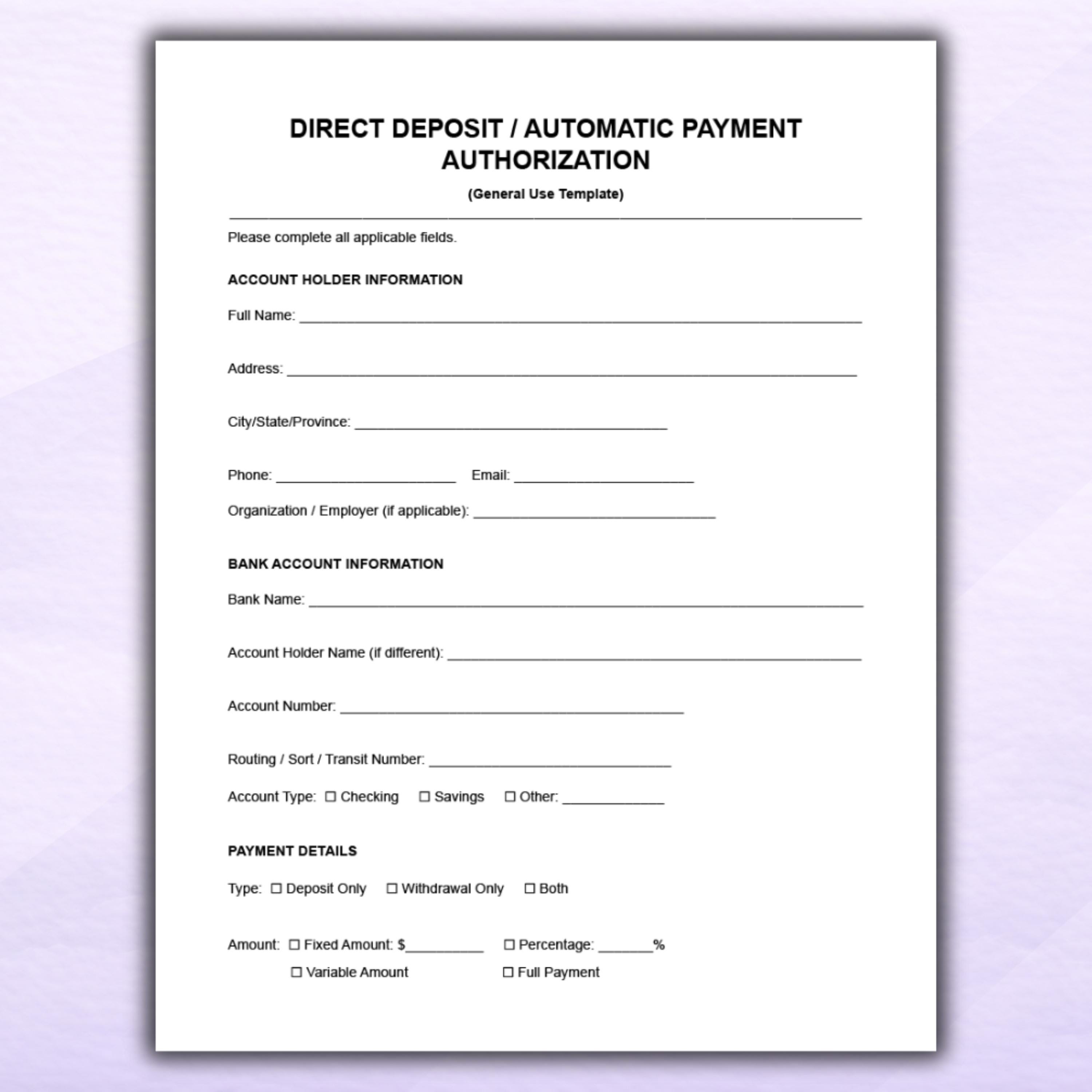 Direct Deposit Form Template | Automatic Payment Authorization ...