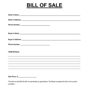 以下が含まれることがあります： 黒いテキストの白い「売買契約書」フォーム。フォームには、売り手と買い手の情報、商品の詳細、販売価格のフィールドが含まれています。「商品は現状のまま販売されます」というテキストが一番下にあります。