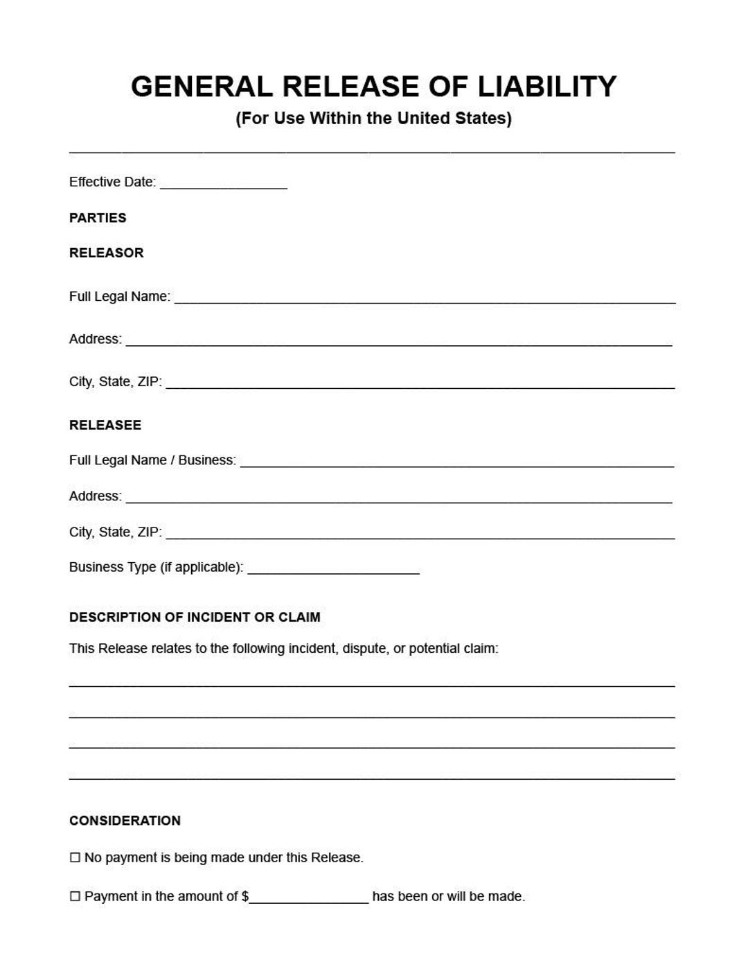 General Release of Liability Form | Editable Word & Google Docs ...