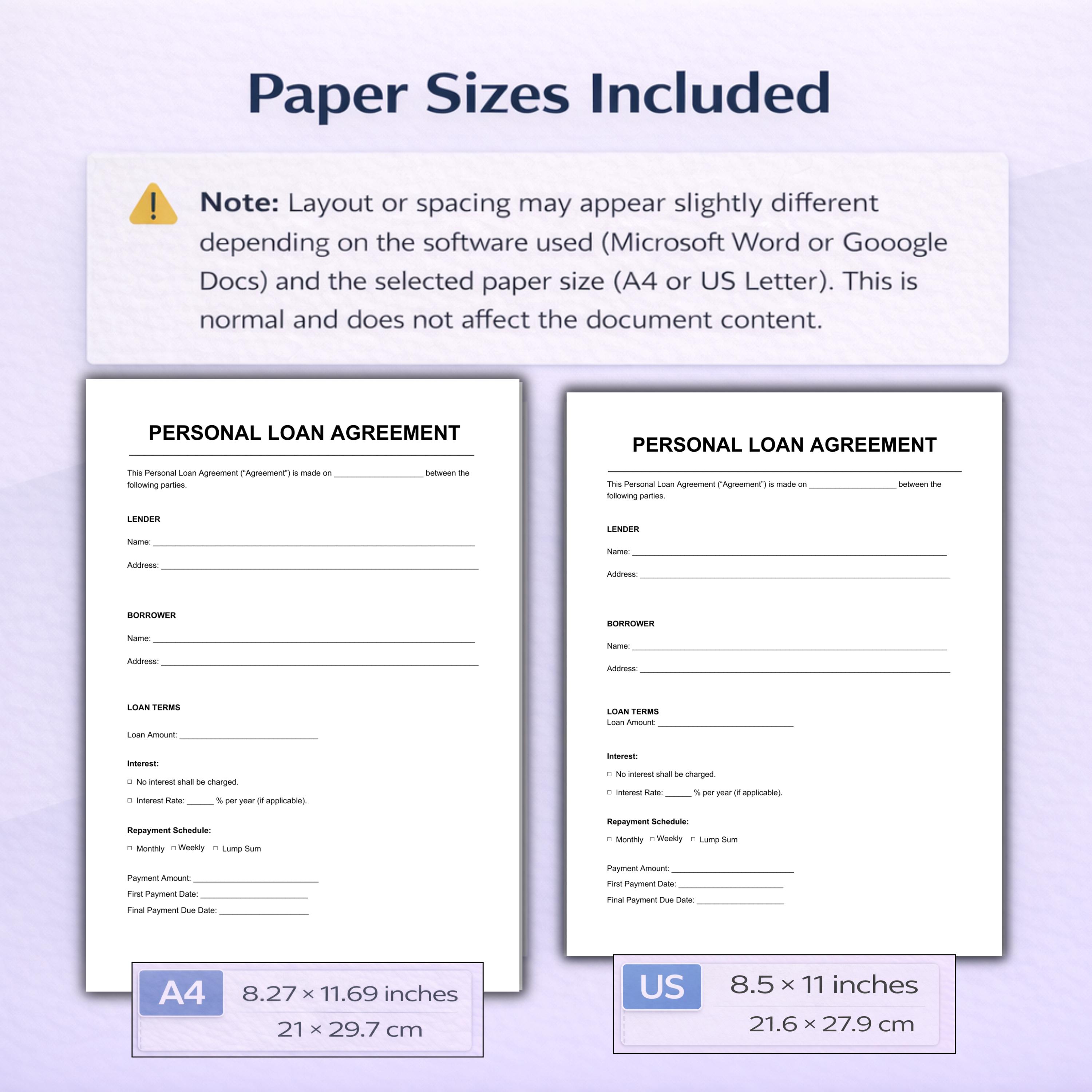 Personal Loan Agreement Template – Editable PDF Word, Simple Private ...
