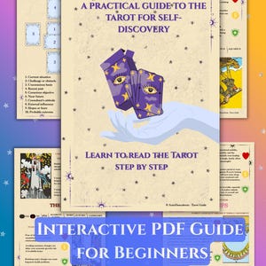 Puede incluir: Una guía PDF interactiva para principiantes, que presenta una guía práctica del tarot para el autodescubrimiento. La portada muestra una mano sosteniendo cartas del tarot y una caja, con el texto "Aprende a leer el tarot paso a paso" y "90+ páginas".