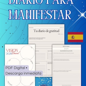 Könnte beinhalten: Ein digitales PDF-Journal zur Manifestation, mit Vorlagen für Dankbarkeit, Vision Boards und die 3-6-9-Methode. Das Design enthält den Text "DIARIO PARA MANIFESTAR" und "PDF Digital. Descarga inmediata."