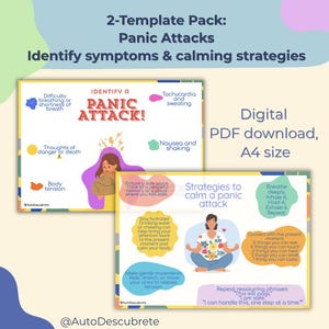 Puede incluir: Dos descargas digitales en PDF sobre ataques de pánico, con el texto "Identificar síntomas y estrategias de calma". La primera plantilla identifica los síntomas, y la segunda ofrece estrategias para calmar un ataque de pánico. Documentos tamaño A4.
