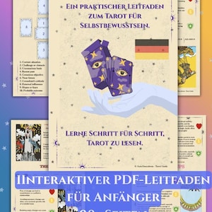 Puede incluir: Una guía de tarot con una caja y cartas moradas con diseños de ojos y luna. La guía incluye texto en alemán e inglés, con una bandera alemana. Se ven cartas y guías adicionales, con texto sobre la lectura del tarot.