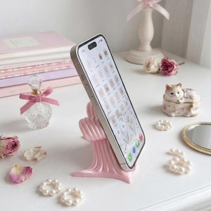 Soporte para teléfono con lazo rosa - Decoración de escritorio con estética coqueta - Soporte para smartphone con cinta impresa en 3D - Lindo regalo para ella, accesorio de tocador Balletcore
