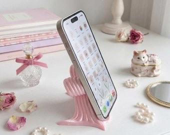 Pink Bow Phone Stand - Coquette Aesthetic Desk Decor - 3D Printed Ribbon Smartphone Holder - Cute Gift for Her, Balletcore Vanity Accessory