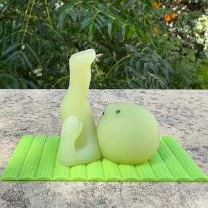 May include: A light green, abstract sculpture with a rounded shape and a tall, curved form, resting on a textured, rectangular green mat. The background features lush green foliage.