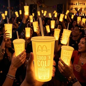 Könnte beinhalten: Eine Gruppe von Menschen hält beleuchtete McDonald's-Becher mit Strohhalmen. Die Becher leuchten mit den Worten "GOOD 'N COLD" und dem McDonald's-Logo. Die Szene spielt in einem schwach beleuchteten Raum und schafft eine festliche Atmosphäre.