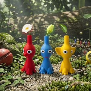 May include: Three colourful Pikmin-inspired figurines: red with a white flower, blue with a green leaf, and yellow with a green leaf. The figurines have large eyes and are set in a natural, outdoor environment with a red ball and a yellow spaceship.