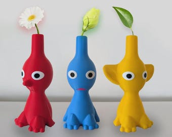 Pikmin Desk Pal | Set of 3 Pikmin Bud Vases | Kawaii Nintendo Inspired Home Decor | Red Yellow Blue Pikmin Decor