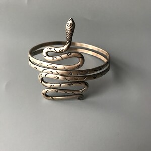 May include: A silver-toned metal arm cuff shaped like a coiled snake. The design features a raised snake head at the top and a spiraling body that wraps around to form the band. The surface is decorated with small, etched markings along the length.