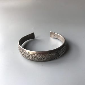 Vintage Miao Ethnic Silver Plated Open Cuff Bangle, Hand Engraved Dragon and Phoenix Totem Bracelet