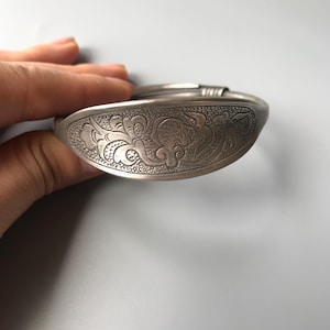 Vintage Miao Ethnic Cloud Pattern Engraved Silver Plated Adjustable Bangle,Traditional Auspicious Cloud Carved Tribal Silver Bracelet,