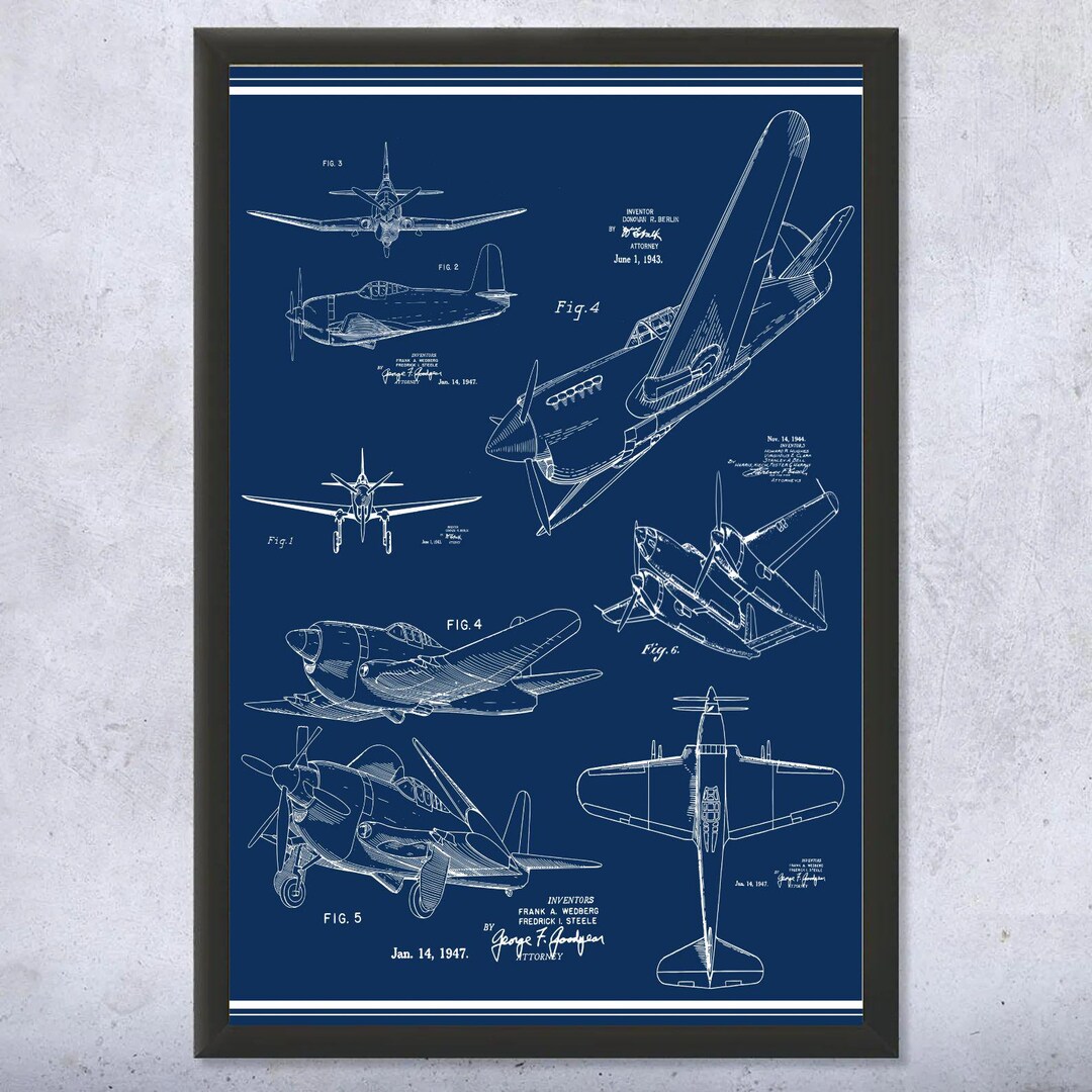 Vintage Airplane Patent Poster, WWII Aircraft Blueprint Art - Etsy