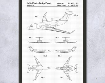 Private Jet Blueprint, Airplane Patent Art, Pilot Gift