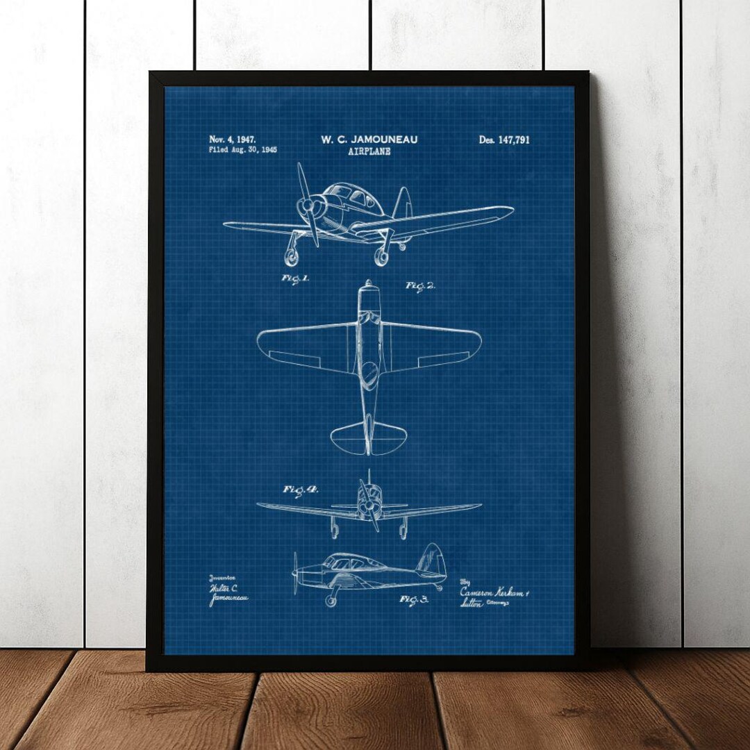 Vintage Airplane Blueprint Poster, W. C. Jamouneau Aviation Patent Art ...