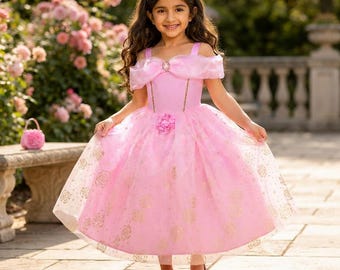 Pink Princess Dress Girls Gold Rose Tulle Gown Birthday Pageant Costume