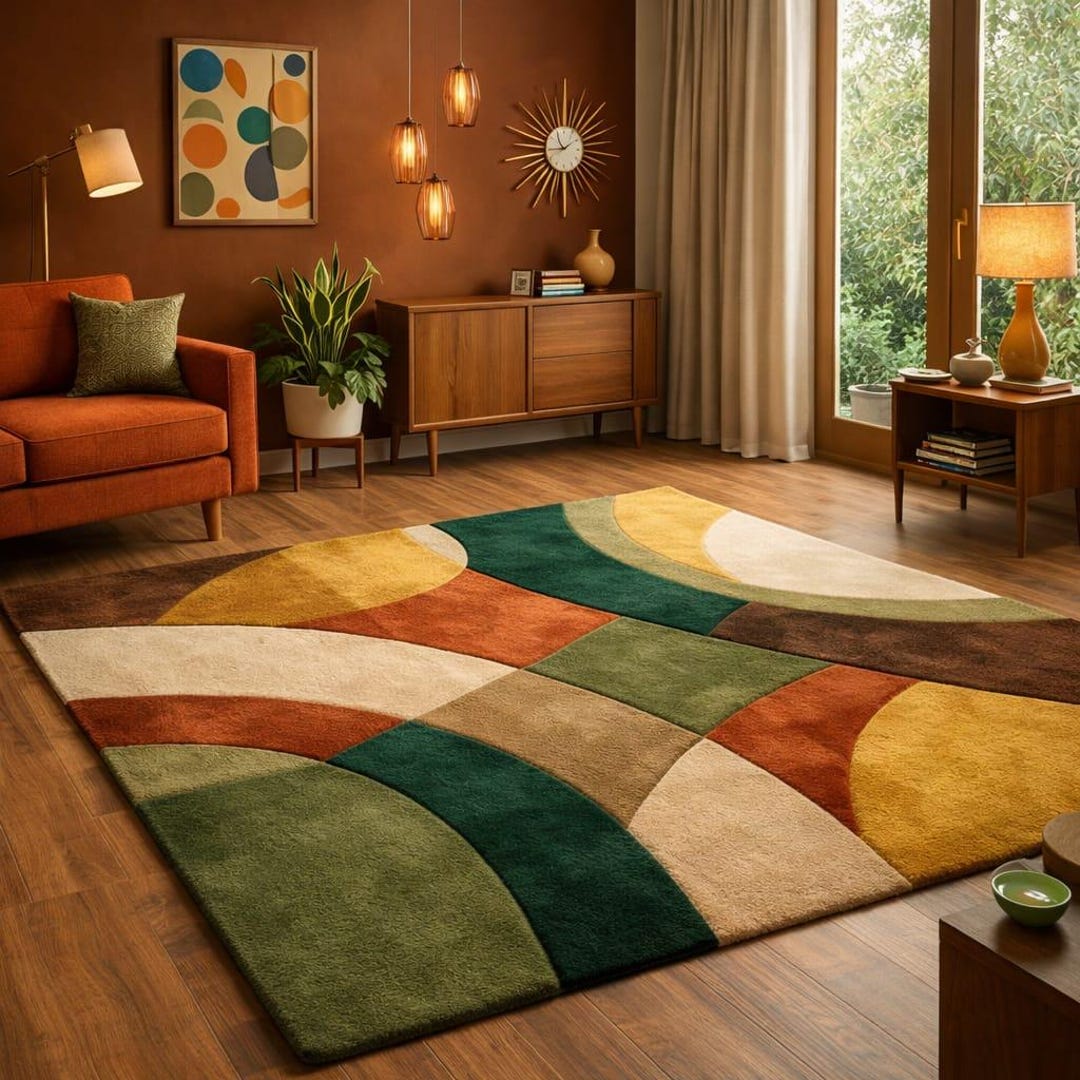 Retro Geometric Circle Rug – Mid Century Modern Area Rug for Living ...