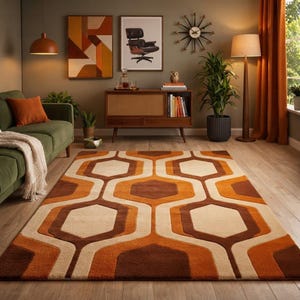 May include: A rectangular area rug featuring a repeating geometric pattern of interconnected hexagons in shades of burnt orange, dark brown, and cream. The rug has a thick, textured pile and covers a light-coloured wooden floor in a living room.