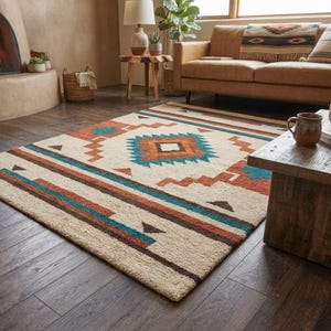 May include: A rectangular area rug featuring a cream-colored base with a geometric pattern in shades of burnt orange, teal, and dark brown. The design includes repeating diamond shapes, zig-zag lines, and horizontal stripes across the surface.